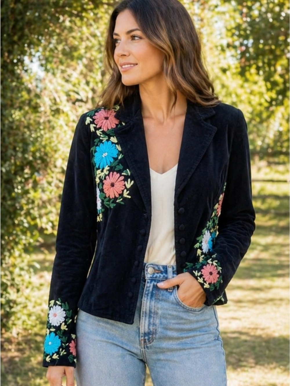 Persman New York Floral Embroidered Blazer Size 4 Black Cropped Jacket